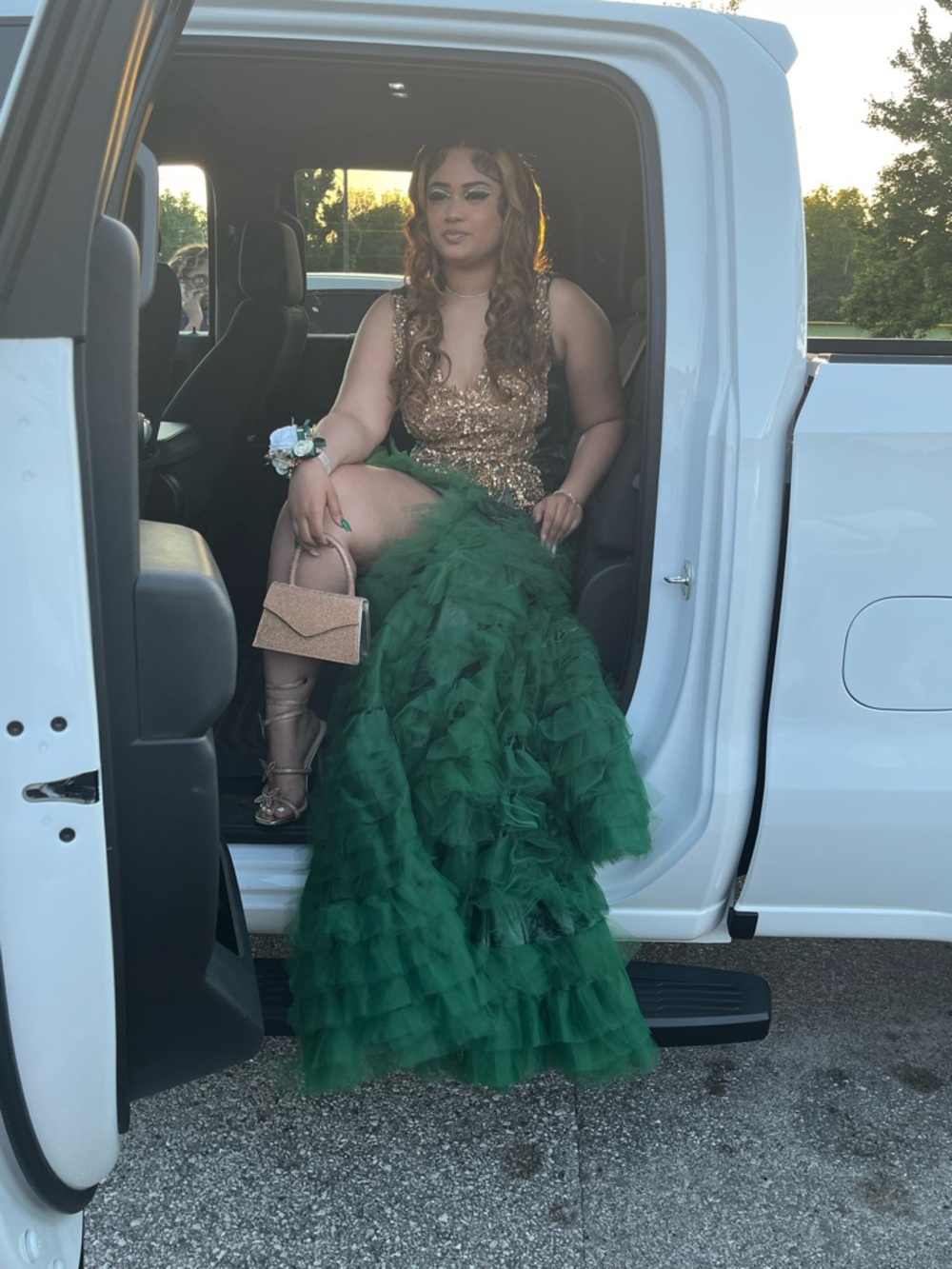 Gold Sequin Bodice with Emerald Green Ruffled Tulle Prom Gown
